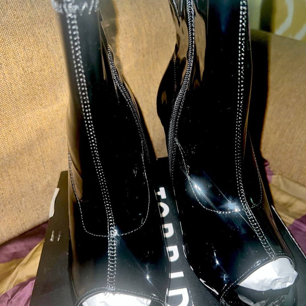 Patent peep toe booties